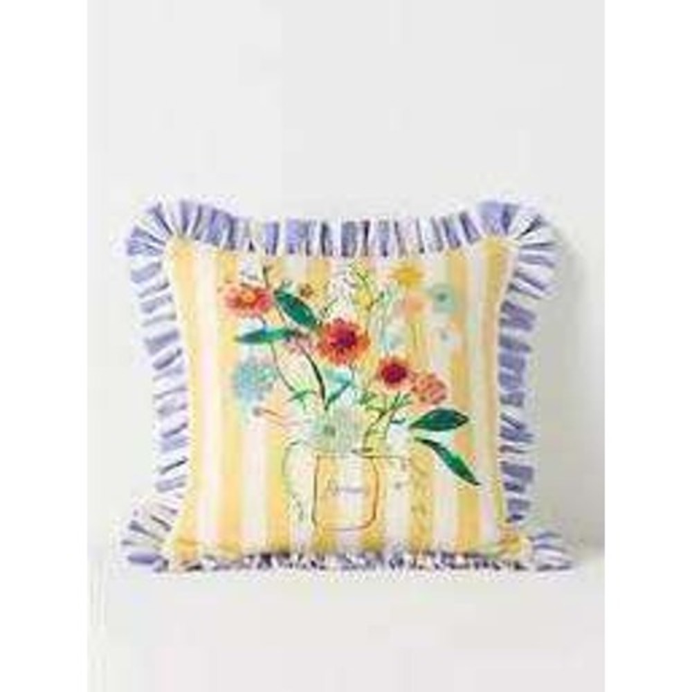 Anthropologie NEW For Mom Embroidered Floral Pillow 16" Square Stripe Ruffle